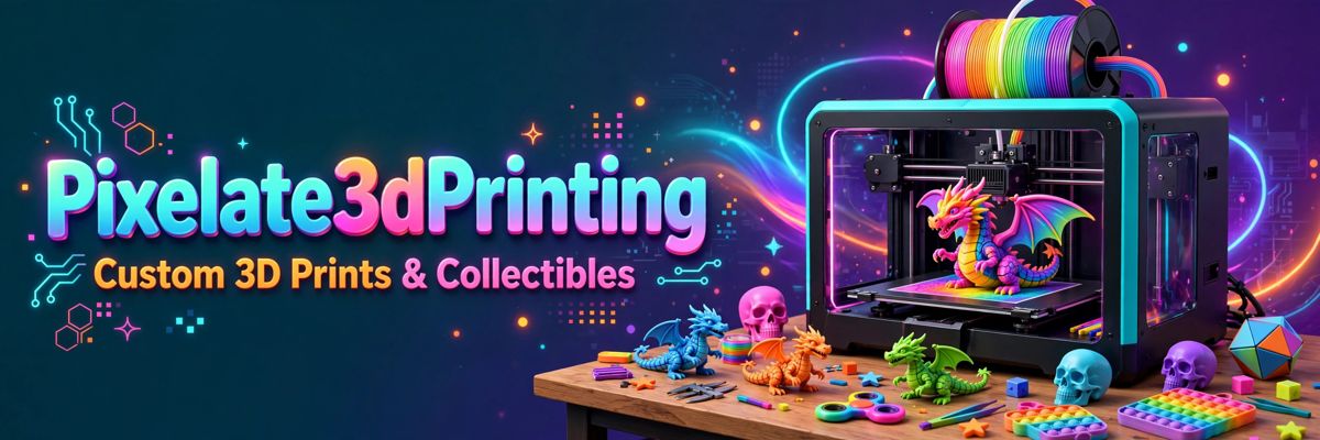 Pixelate3dPrinting custom 3D prints and collectibles banner with a 3D printer and colourful dragons, skulls and fidget toys